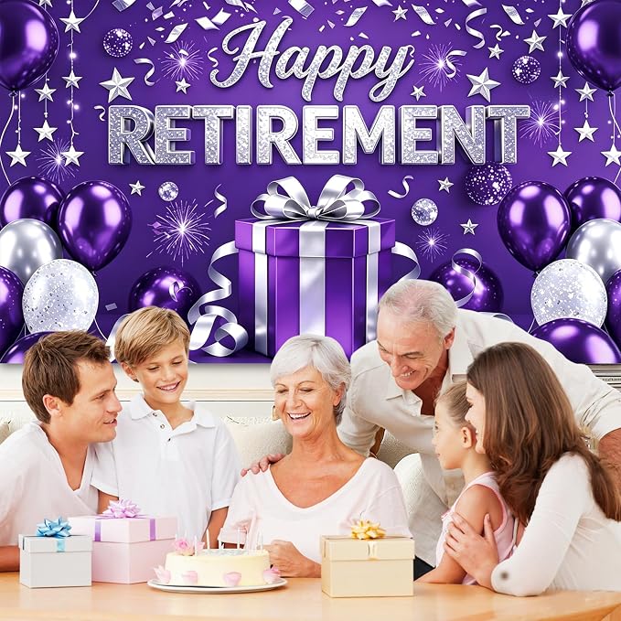 Purple Retirement Party Decorations 72x43" Happy Retirement Backdrop Banner | - Image 5