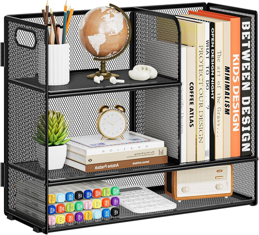 Marbrasse 2-Tier Desk Shelf Organizer with Handle, Desktop Bookshelf File Holder, Mesh Display Shelf Organizer Storage Rack for Office, Home, Supplies, Kitchen (Black)