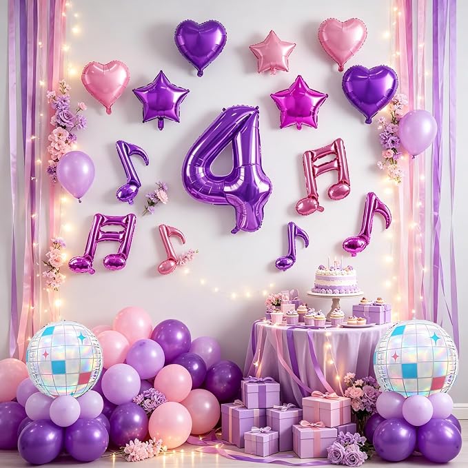 TONIFUL Girl‘s Purple Pink Music Themed 4th Birthday Decorations | 40 Inch - Image 5