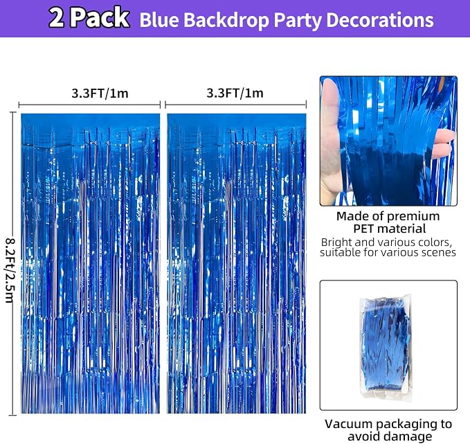 Blue Streamers Party Decorations 3.3x8.2ft, 2 Pack Dark Blue Tinsel Backdrop - Image 3