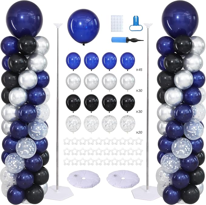 Navy Blue Black and Silver Balloon Column Stand Kit Set of 2 by ZyloonDecoration