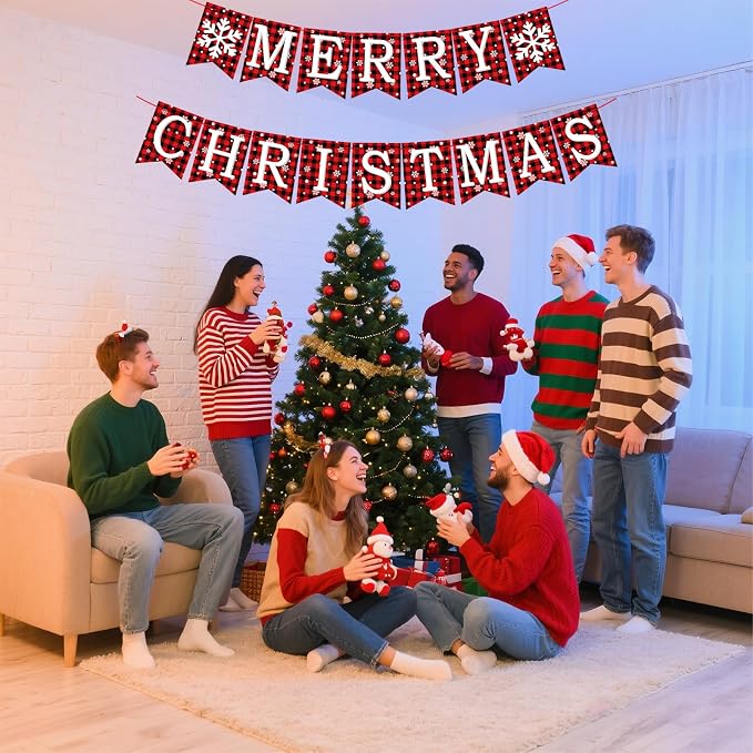 Merry Christmas Banner, Pre-Strung Buffalo Plaid Xmas Decorations, Merry - Image 6