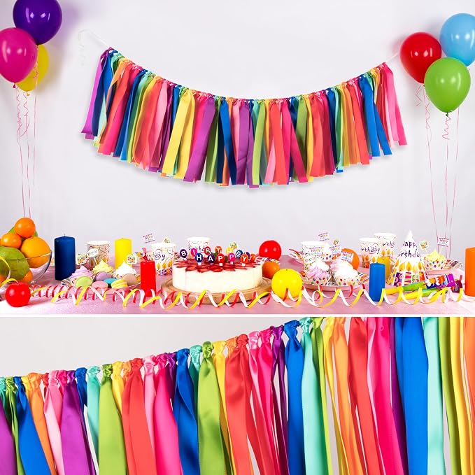 2 Packs Rainbow Ribbon Tassel Garland, Pre Assembled Colorful Garland Banner - Image 3