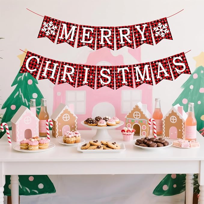 Merry Christmas Banner, Pre-Strung Buffalo Plaid Xmas Decorations, Merry - Image 4