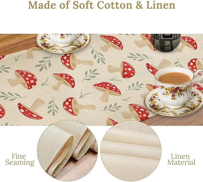 Mushroom Table Runner,Vintage Plant Print Table Runner for Kitchen Dining Table Home Party Decoration 13x36 Inch