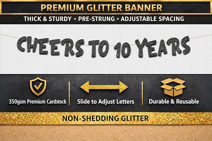 Pre-Strung Cheers to 10 Years Black Glitter Banner - Image 3