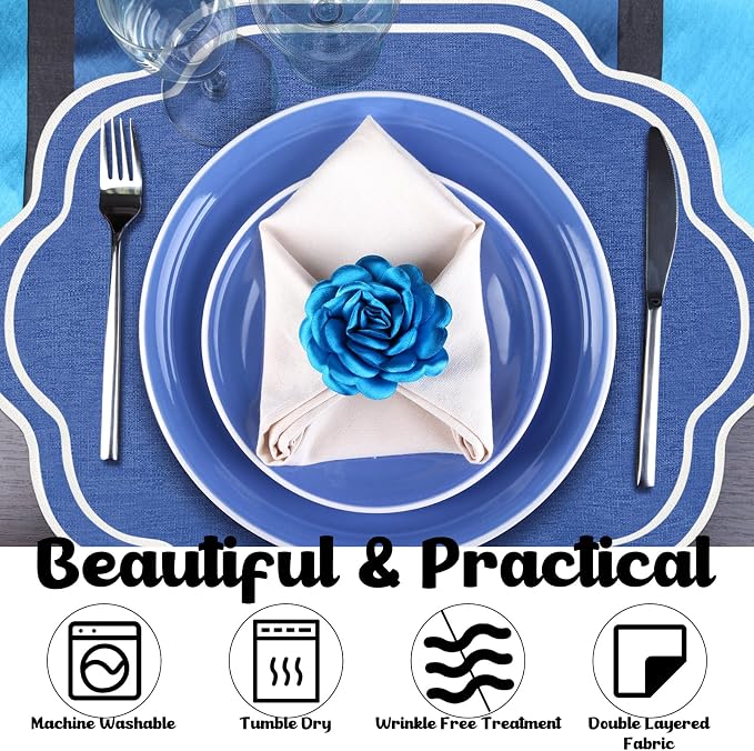 Scalloped Embroidered Placemats, 100% Cotton Linen Double Layered Table Mats - Image 3