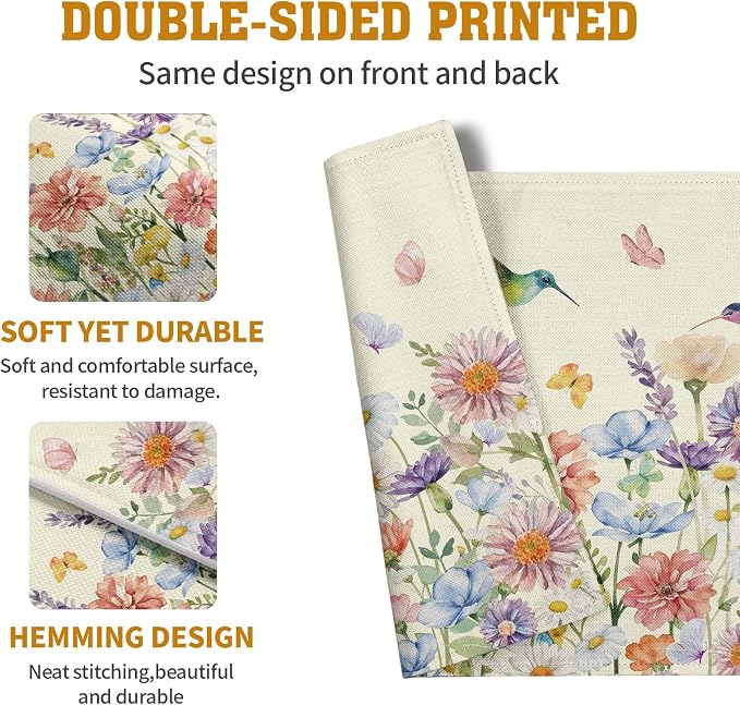 Flowers Bird Spring Summer Placemats Set of 4 Watercolor Floral Hummingbird - Image 5