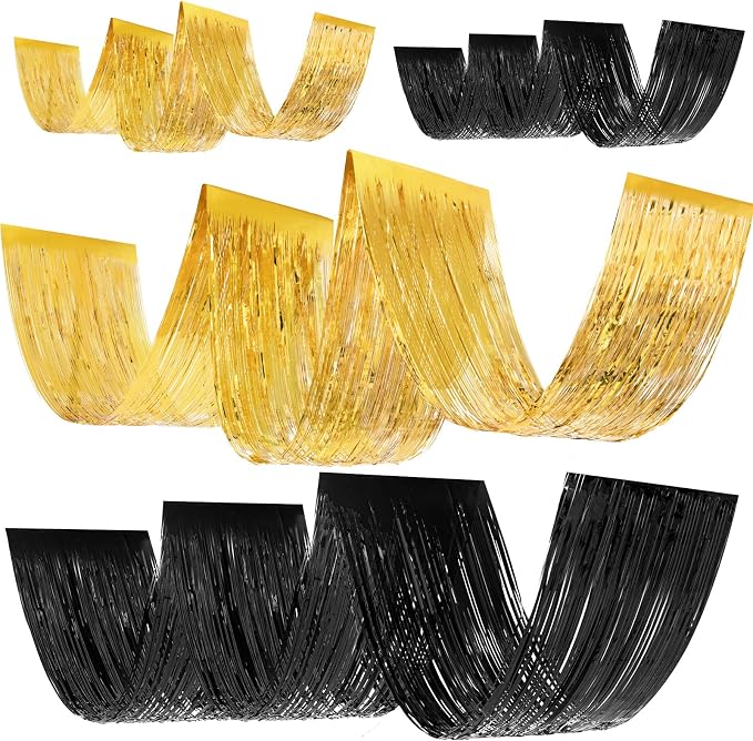 4 Pcs 15ft Gold Black Metallic Foil Ceiling Fringe Curtains, Party Decor Fringe by Breling