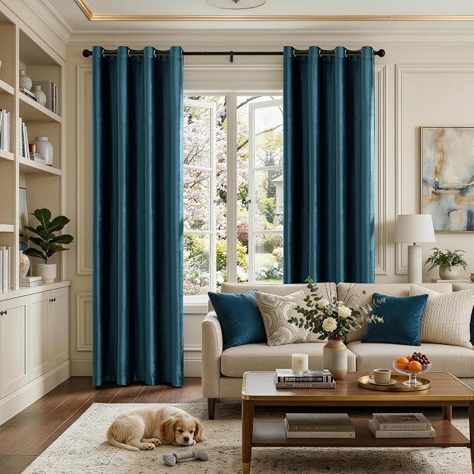 Velvet Peacock Blue Blackout Curtains 120 inch Length - Image 2