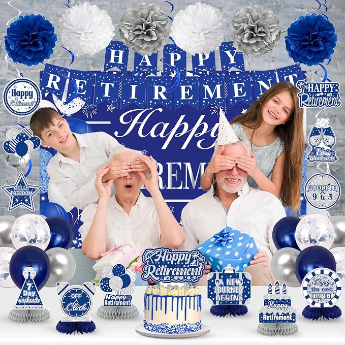 Retirement Party Decorations for Men Women Blue Silver Happy Retirement Banner - Image 4