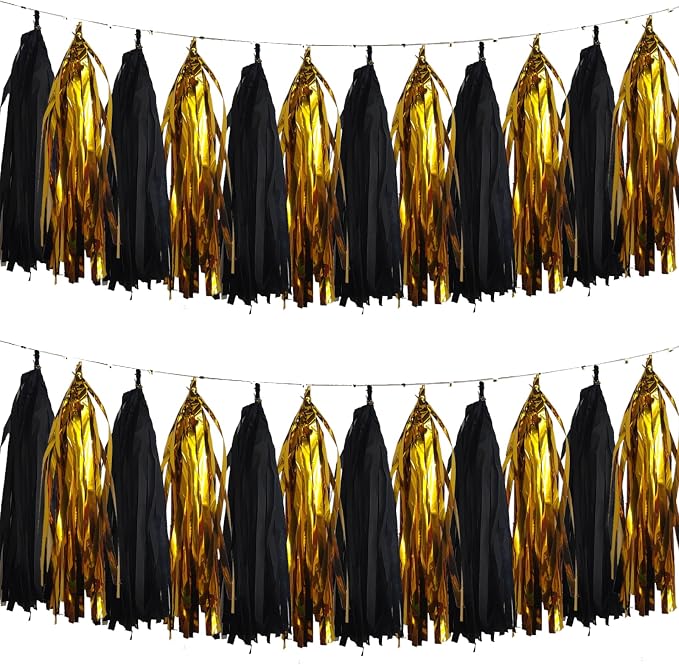 We Moment Black and Gold Tassel Garland，Tissue Tassel Banner by We+Moment