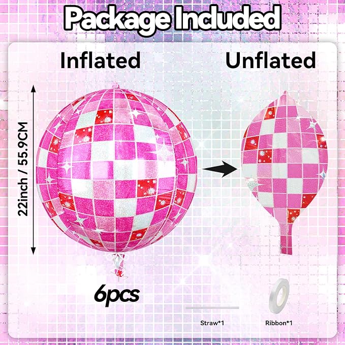 6pcs 22 Inch Pink Disco Ball Balloons, 4D Large Foil Aluminum Balloon - Image 2
