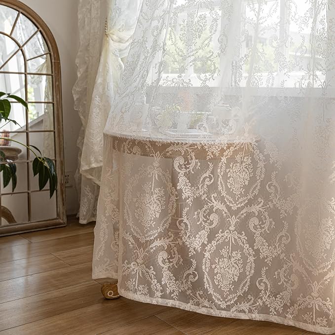 Deeprove Ivory Lace Boho Sheer Curtains Cottage 2 Panels 96 inches Long - Image 7