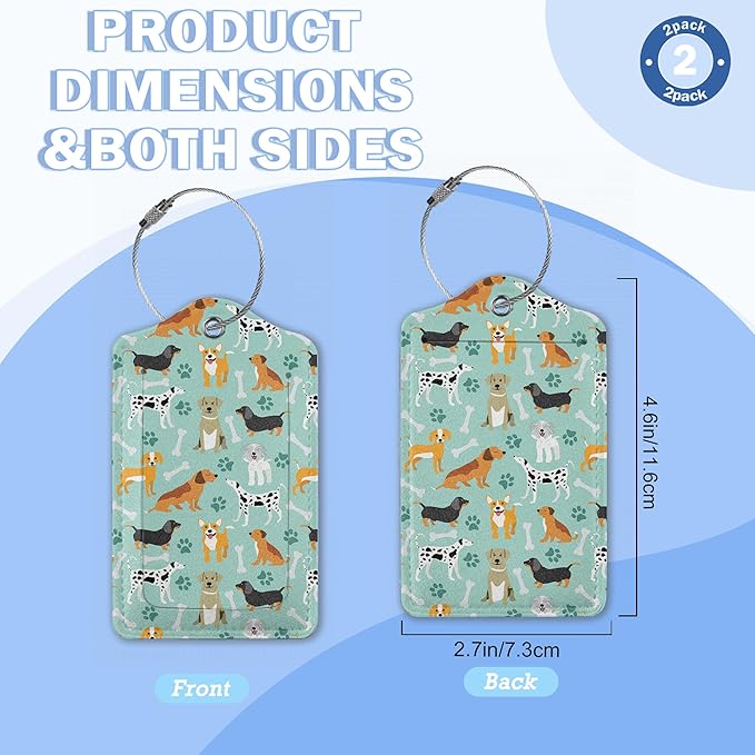 2 Pack Luggage Tags,Leather Suitcase Tags with Privacy Cover Name Address Labels& Durable Steel Loop for Men/Women Travel Bag Suitcases(Cute Dog)