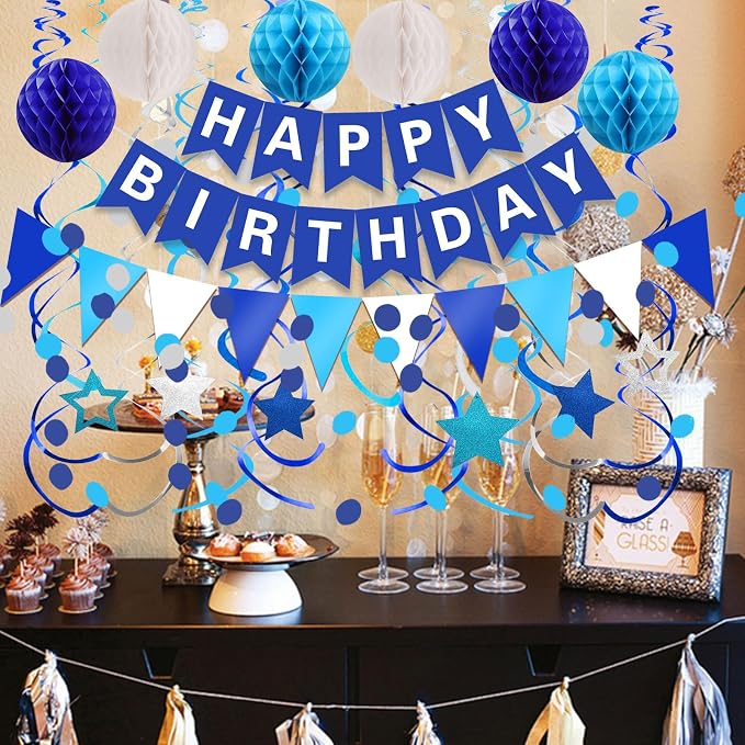 FECEDY Navy Blue Happy Birthday Paper Banner Flag Bunting Circle Confetti - Image 3