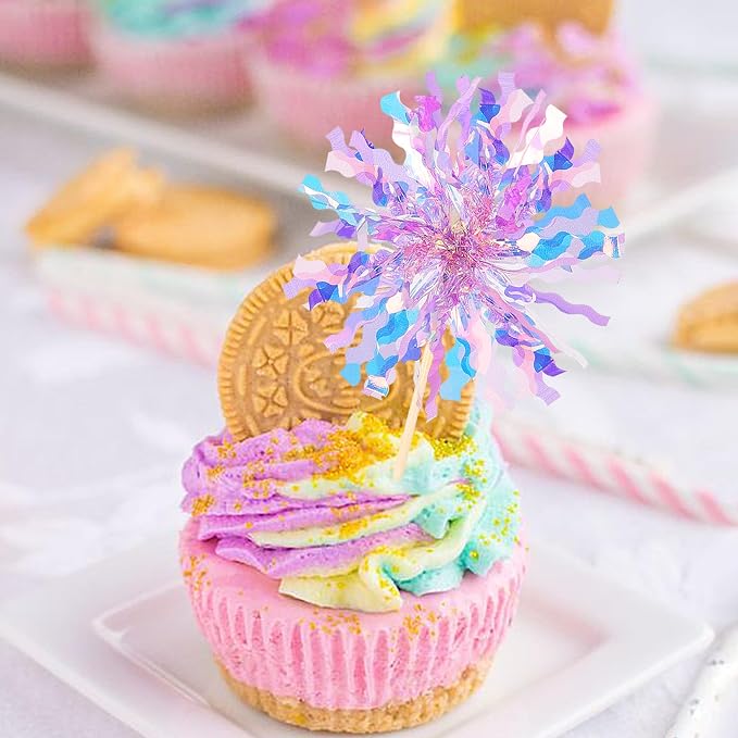 30 PCS Foil Firework Cupcake Toppers Sparkle Tinsel Cupcake Picks Happy - Image 4