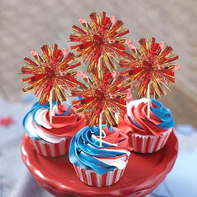 30 PCS Foil Firework Cupcake Toppers Sparkle Tinsel Cupcake Picks Happy - Image 4