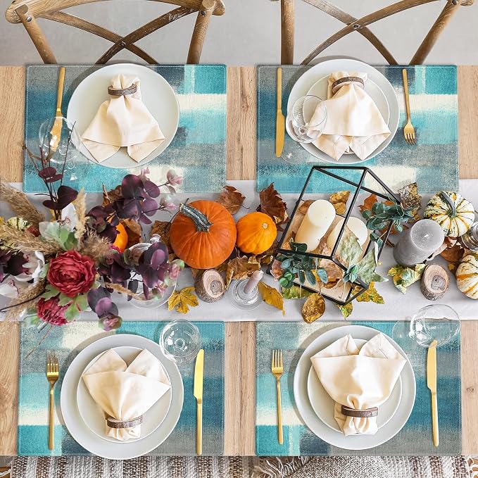 Emvency Farmhouse Placemats Set of 4, 12x18 Inch Modern Teal and Grey Abstract - Image 7