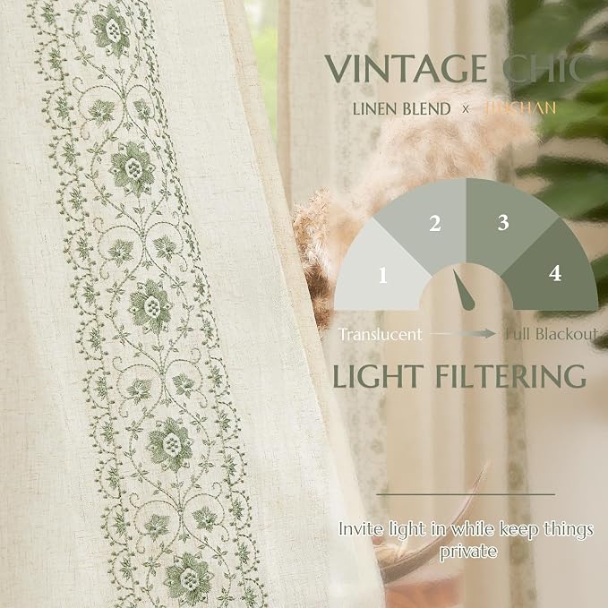 jinchan Floral Linen Curtains Embroidered Back Tab 50x108in 2 Panels Sage | - Image 6