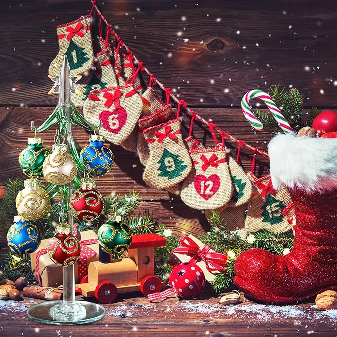 Glass Christmas Tree with 12 Ornament Glitter Balls Tabletop Wine Glass Charms Miniature Christmas Tree Gift for Xmas Holiday Party Novelty Season Home Decor, 7.7 Inch