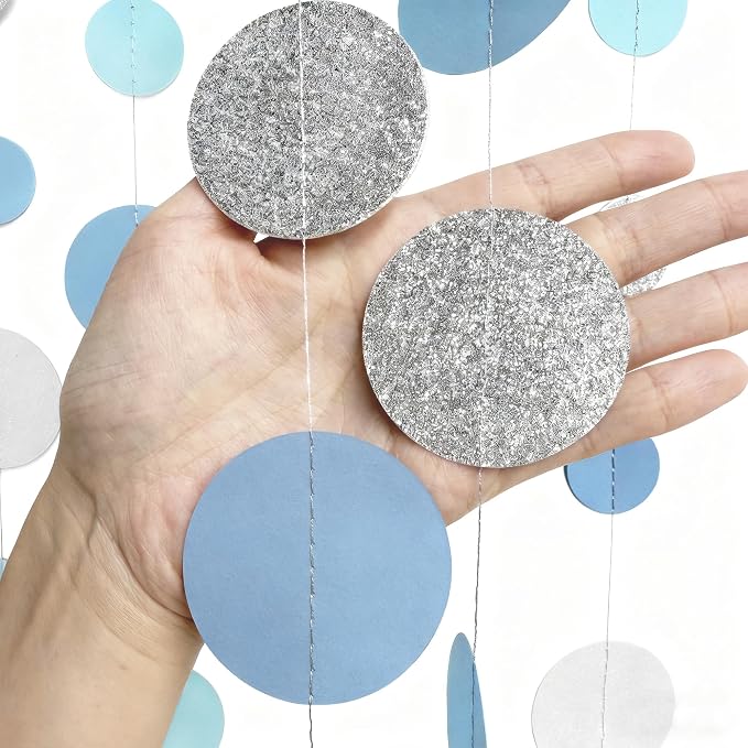 Dusty Blue Silver White Polka Dots Garland Hanging Paper Circle Dot Streamer - Image 8