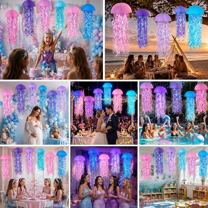 6-Pack Jellyfish Paper Lanterns, Under the Sea Party Decorations | 10-Inch Pink - Image 9