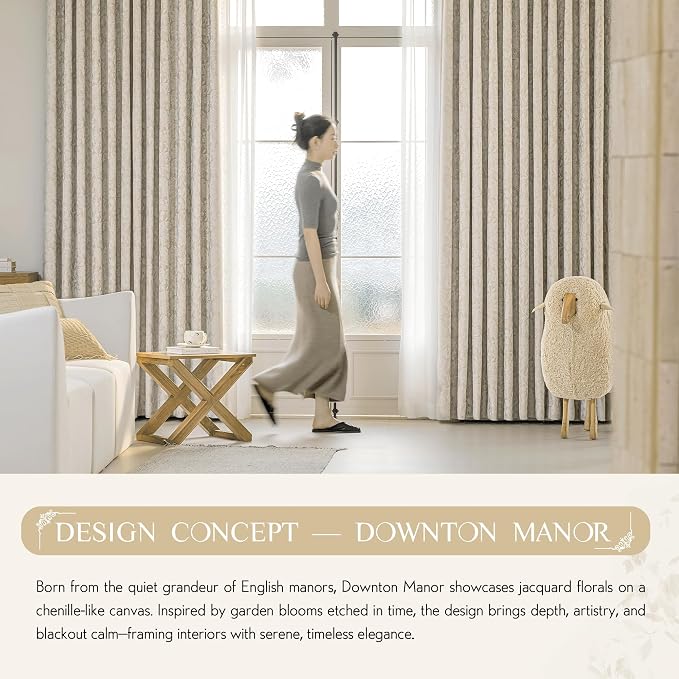 Beauoop Beige Floral Jacquard Blackout Sliding Door Curtains 100x84 1 Set | - Image 9