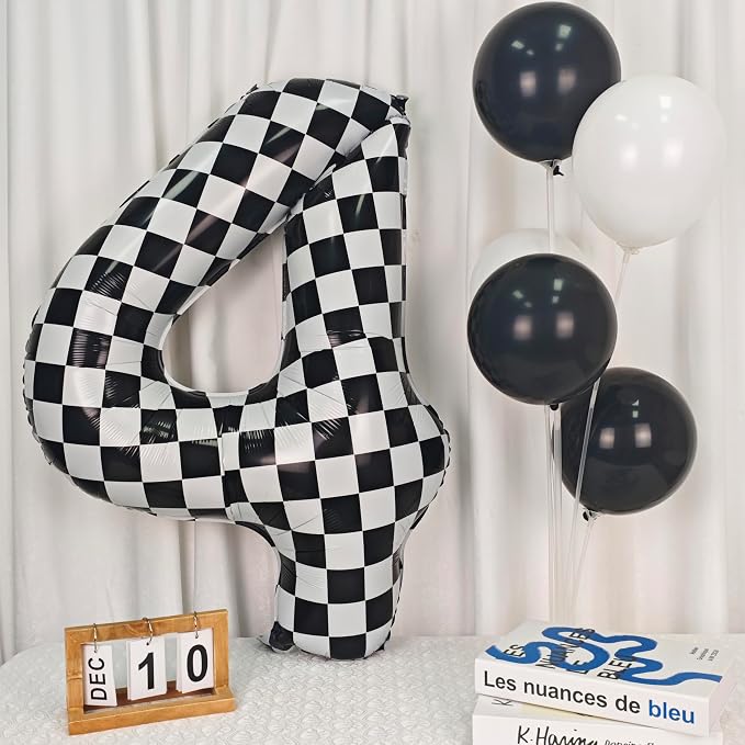 40In Black White Checkered Number 4 Balloon Race Car Digital Foil 4 Balloon | - Image 4