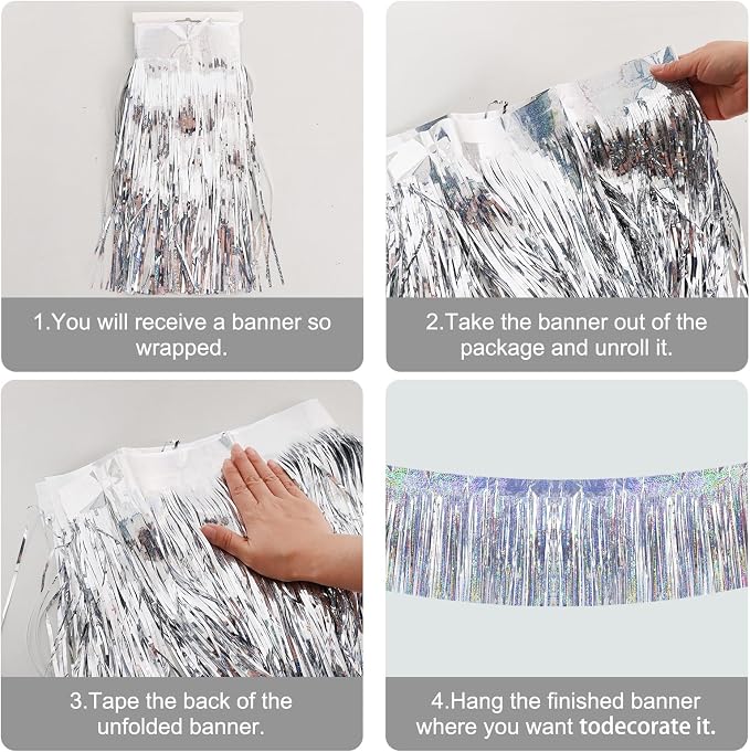 BEISHIDA Laser Silver Fringe Garland Banner 30ft Wall Tinsel Foil Streamers | - Image 3
