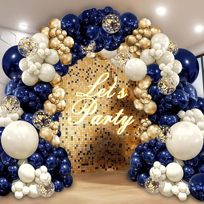 Navy Blue Gold Balloon Arch Kit, Pearl White, Different Size | Double Stuffed by PUFFLD