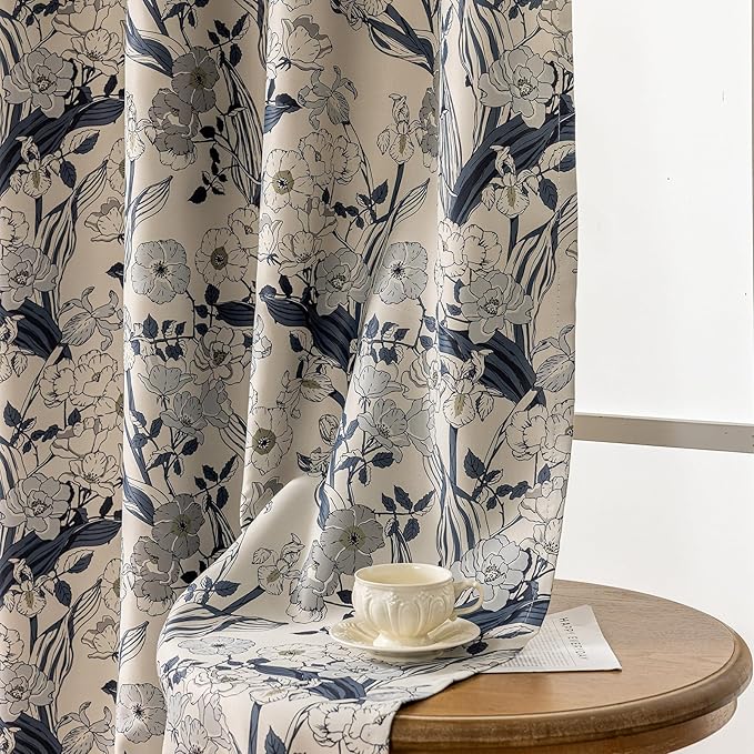 SUOUO Grey Blue Floral Blackout Curtains by SUOUO