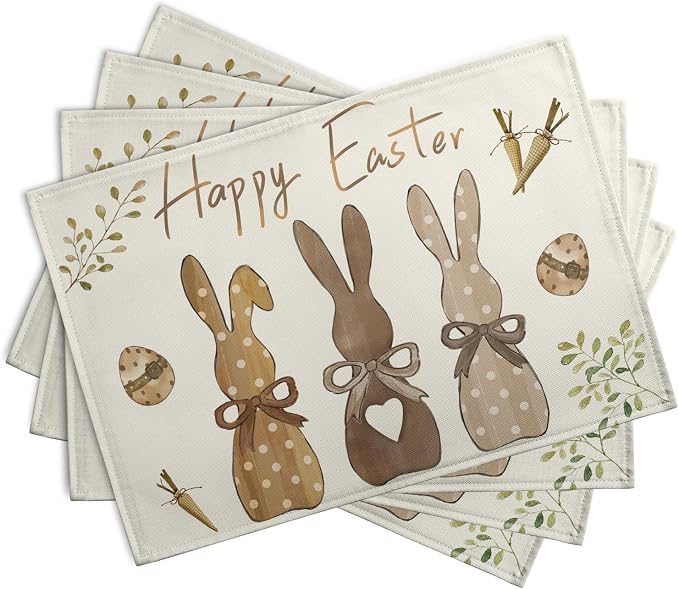 Happy Easter Bunny Placemats Set of 4 Easter Rabbit Egg Carrots Linen Fabric - Image 2