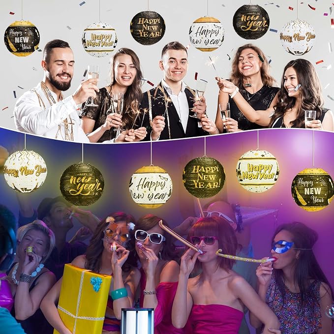 Panelee 12 Pcs 2026 New Year Paper Lanterns Party Decorations 8 Inch Black and - Image 4