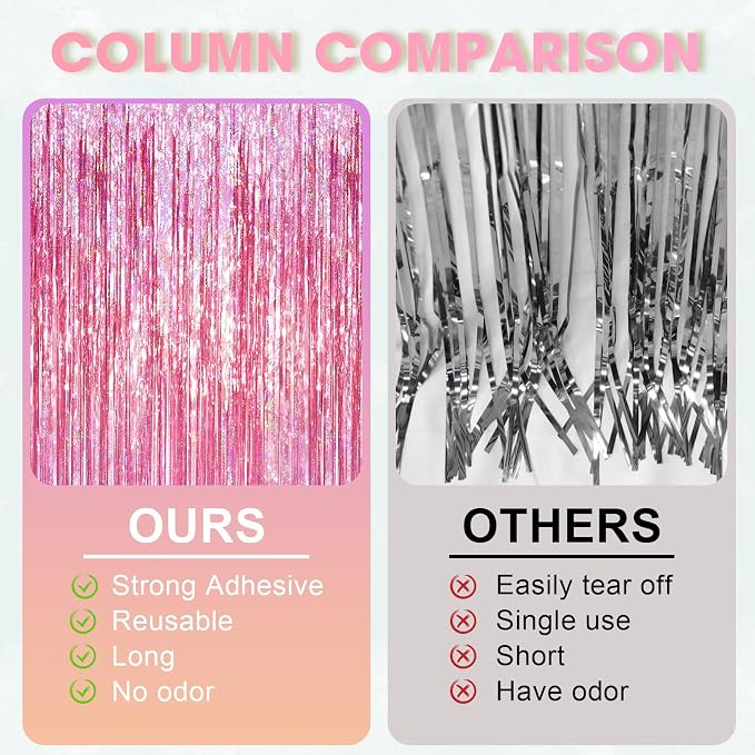 Voircoloria Laser Pink Foil Fringe Backdrop Curtains, 2 Pack | Tinsel Streamers - Image 5