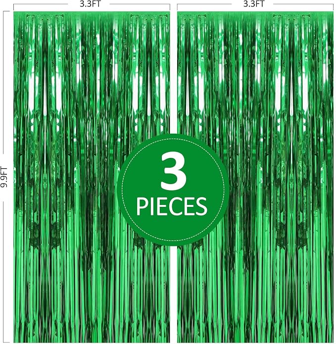 TenLaitech 3 Pack 3.3 x 9.9 ft Green Foil Fringe Curtains Party Supplies | - Image 2