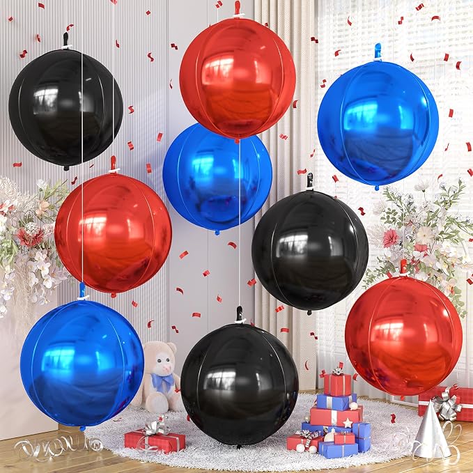 Red Blue Black Round Foil Balloons 9 pcs, Metallic Giant 4D Round Balloons 22 by Cledeco