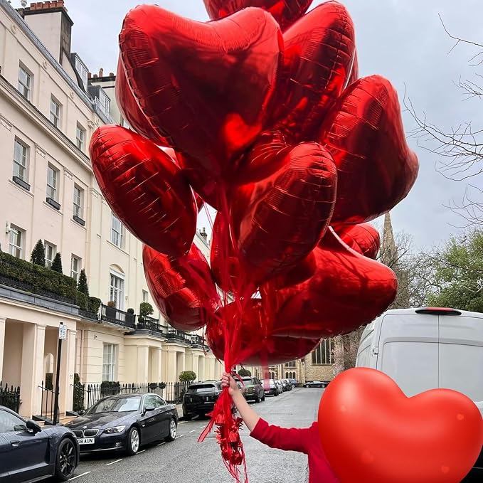 Red Heart Balloons, 18 Inch Metallic Red Foil Balloon Helium 10Pcs Large Ruby - Image 3