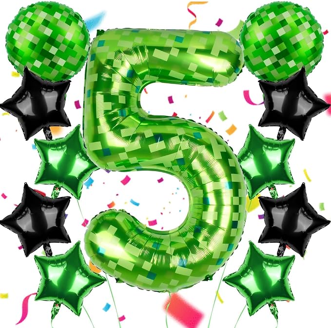 40 Inch Green Pixel Themed Number 5 Balloon Set Foil Balloon by AXBMM
