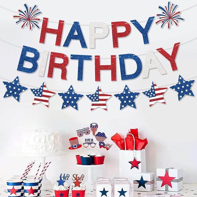 Happy Birthday Banner Patriotic Red White Blue Decorations, Glitter Happy - Image 4