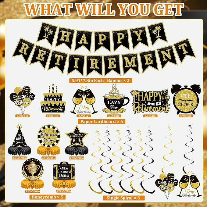 Retirement Party Decorations Black and Gold Happy Retirement Banner - Image 4