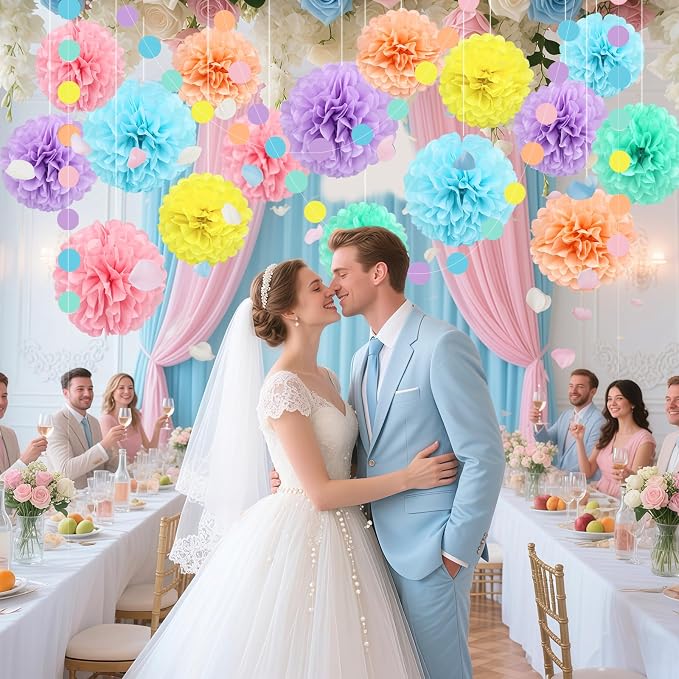 Macaron Colored Tissue Paper Pom Poms, Pastel Paper Pom Poms Circle Garland - Image 6