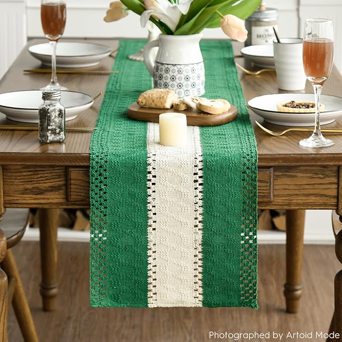 Artoid Mode Emerald Green Farmhouse Woven Table Runner 12x48 Inch | Holiday - Image 2