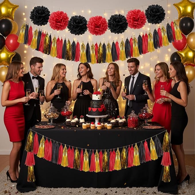 Red Black and Gold Tassel Garland Banner, 20 Pack Paper Tassels Streamers - Image 4