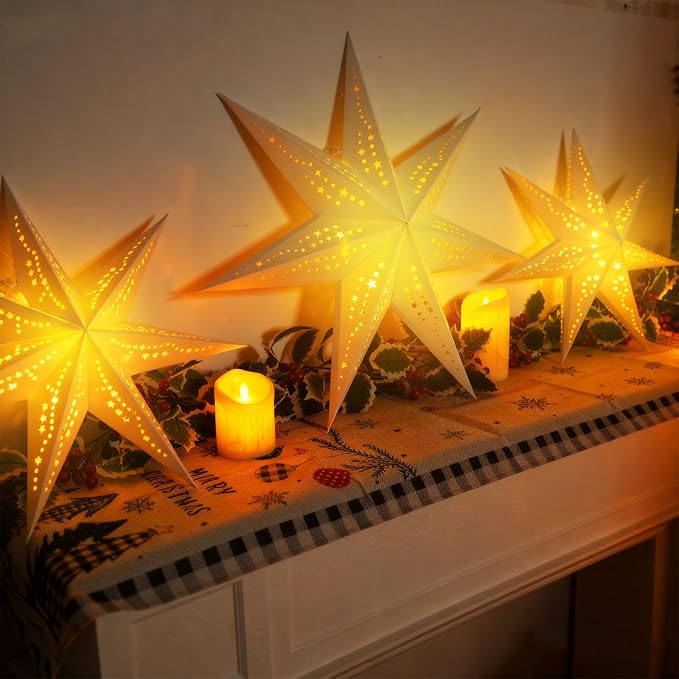Large Paper Star Lanterns with Lights, 3D 7 Pointed Christmas Paper Lanterns - Image 2