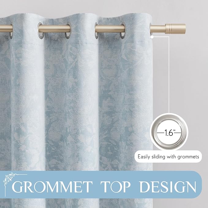Beauoop Blue Floral Jacquard Blackout Curtains 90 Inches Long 2 Panels - Image 7