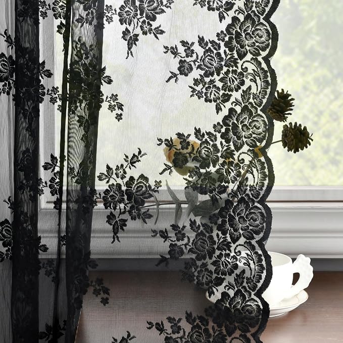 Kotile Black Lace Curtains for Kitchen Windows, W42 x L45 Inch, 2 Panels | Rod - Image 4