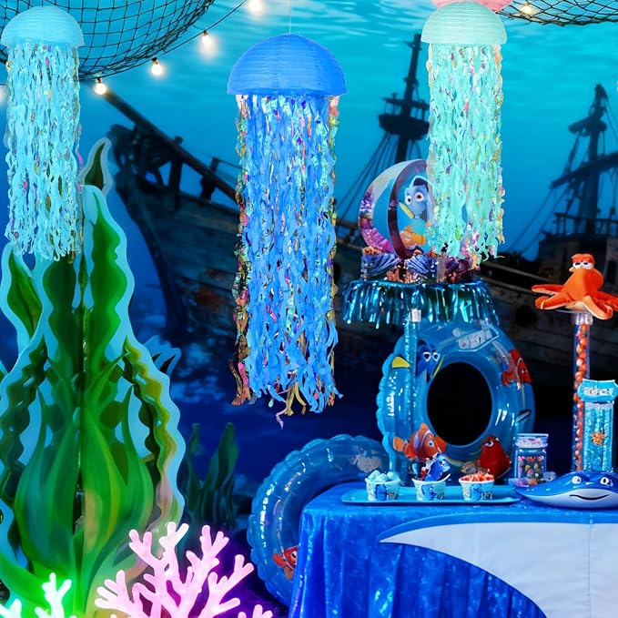 Set of 6 Blue Hanging Jellyfish Paper Lanterns 10'' - Image 5
