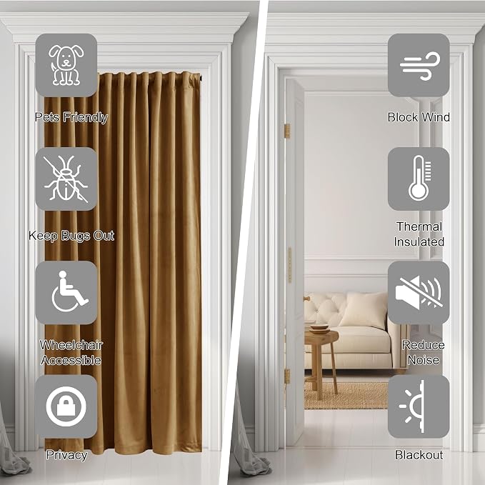 Velvet Doorway Curtains Luxury Gold Brown Back Tab Thermal Insulated Window - Image 4