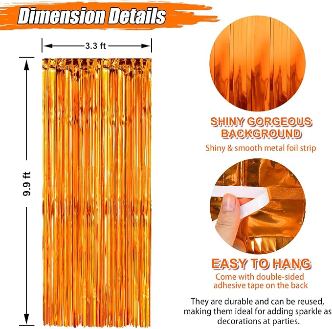 7 Pack 3.3 x 9.9 ft Orange Fringe Backdrop Streamers Party Decorations | Foil - Image 2